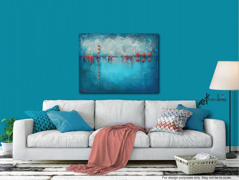 Large canvas art blue & orange abstract living room Etsy España