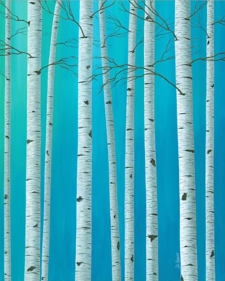 Original birch tree paintings Teal aqua blue wall art Large | Etsy