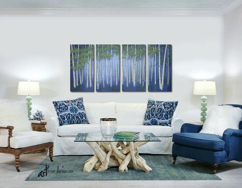 Large original birch tree paintings, 4 piece canvas wall art, Aspen trees decor, Office art work in navy blue & green image 8