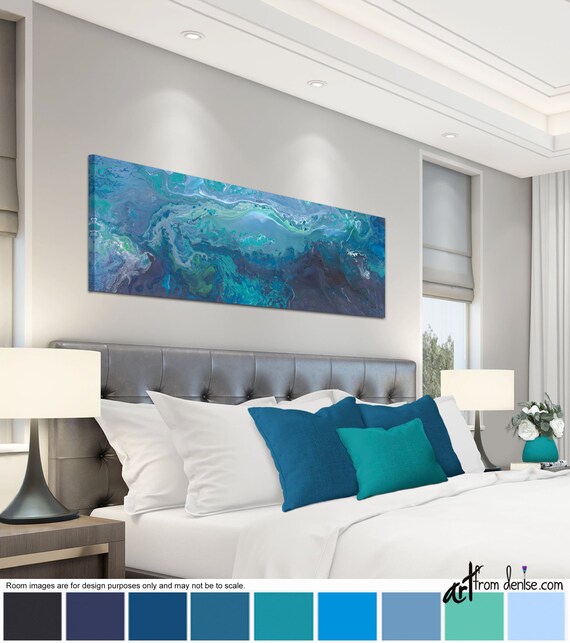 Blue Gray and Teal Wall Art Canvas Panoramic Wide Horizontal