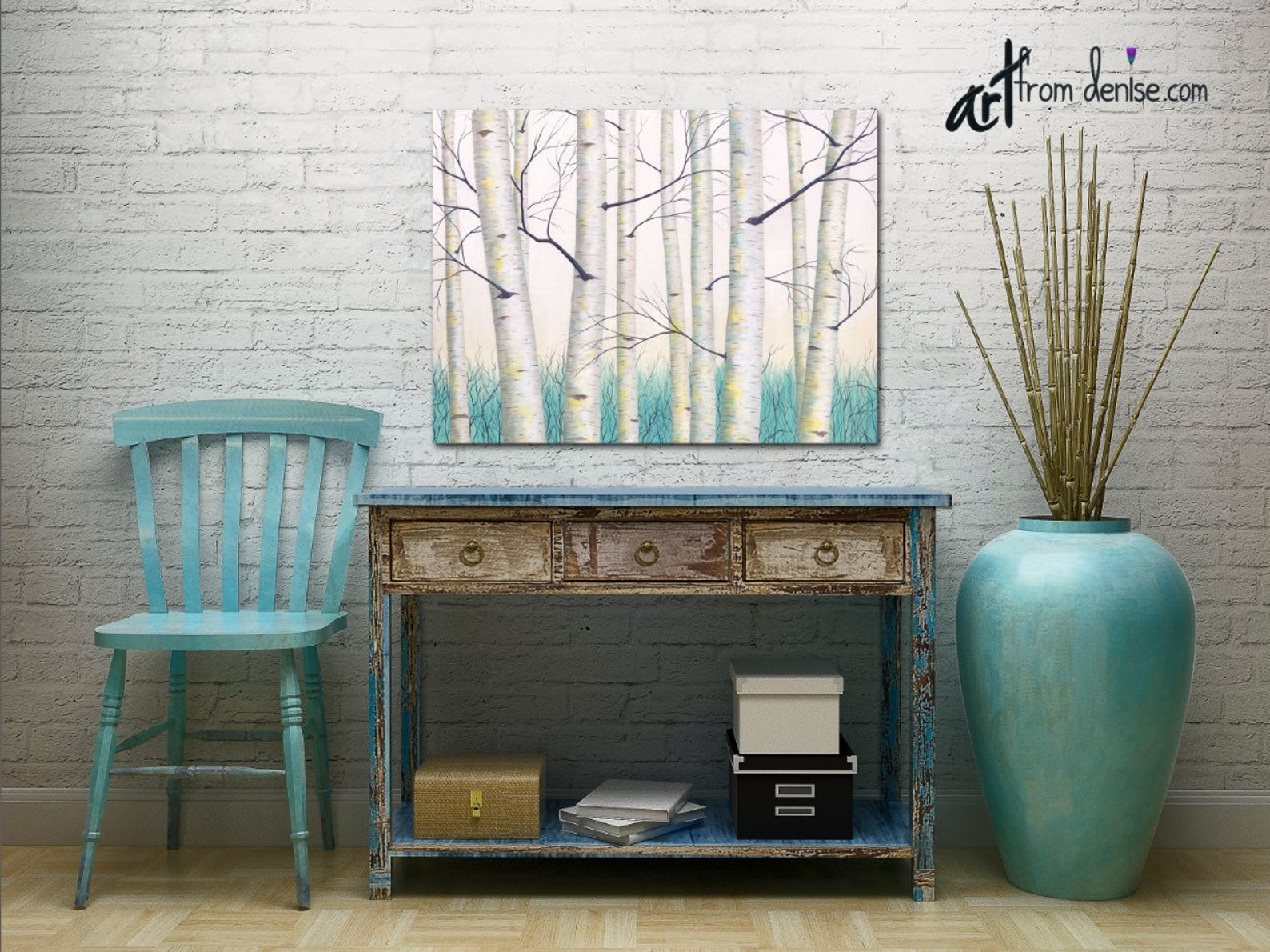 Birch Tree Wall Art Teal Yellow Gray Aqua White Contemporary Etsy Canada