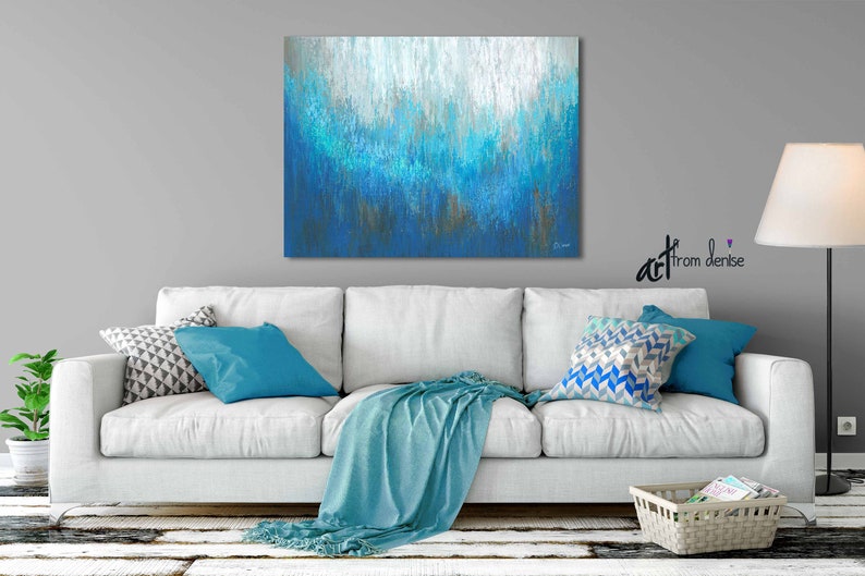 Large Wall Art Canvas Abstract Navy Blue Aqua Gray Master Etsy