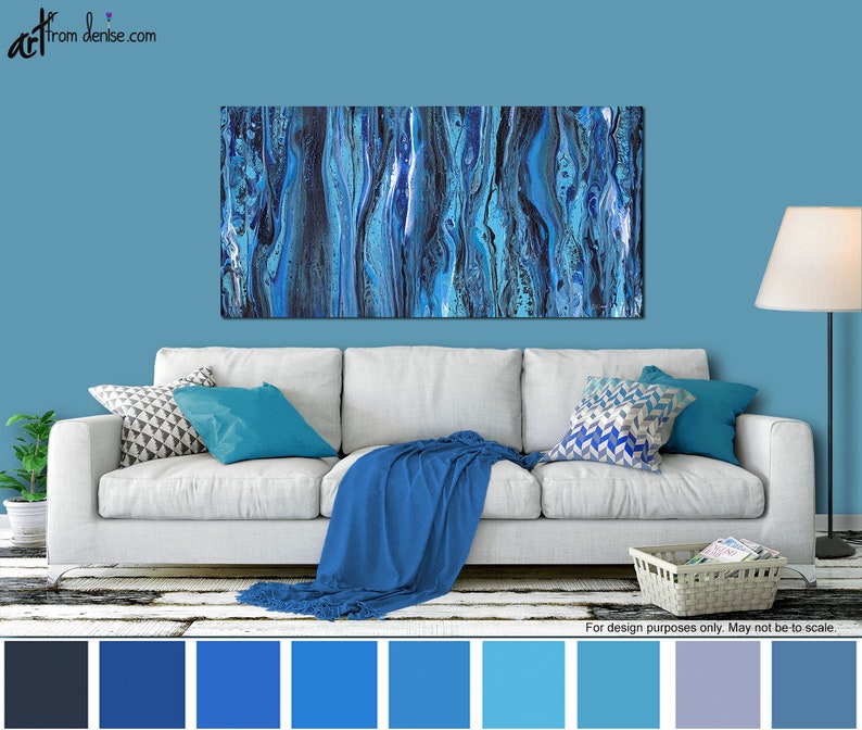 Blue & black abstract, Long horizontal canvas wall art, over bed decor, above couch artwork or living dining room picture image 7