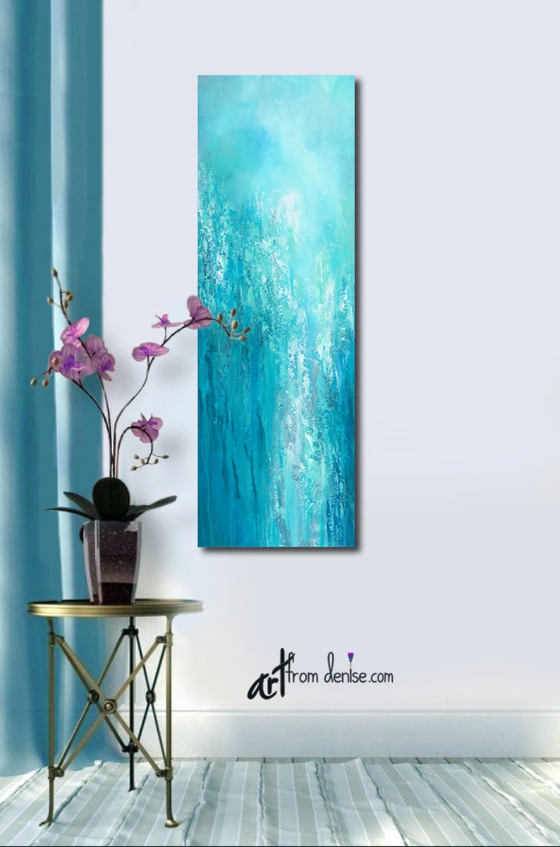 Tall vertical blue wall art, Teal turquoise aqua gray white, Abstract painting Canvas Art Print image 8