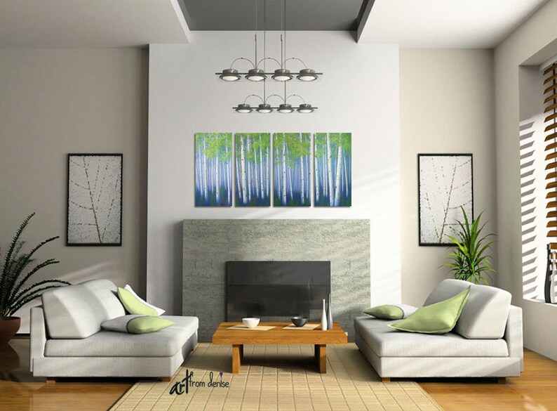 Navy Blue Green Landscape Wall Art Large Tree Painting Lime Etsy