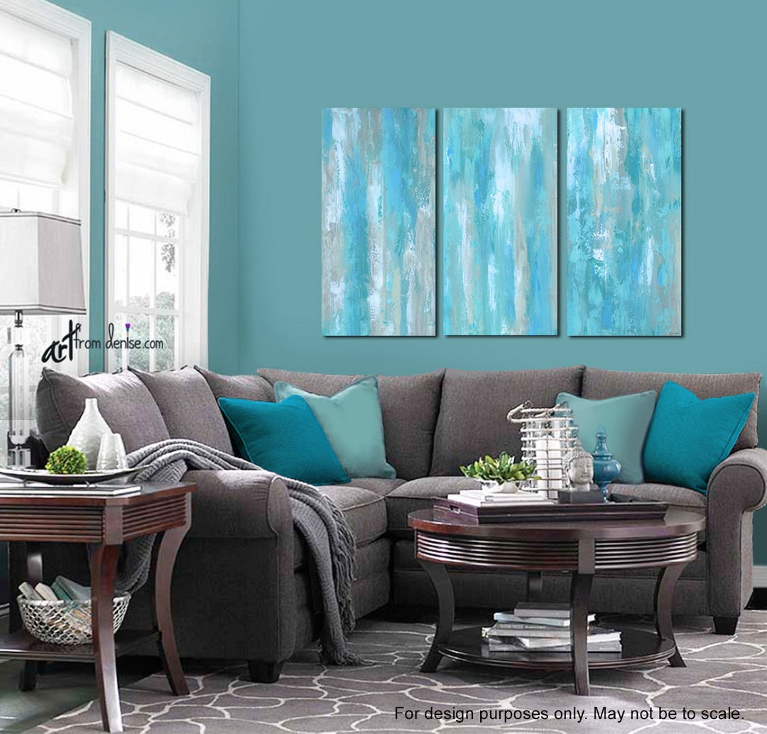 Large Aqua Blue Abstract Triptych Teal Gray Tan White Living Dining Room or Bedroom Wall Art Tall 3 Piece Canvas Print Set Etsy