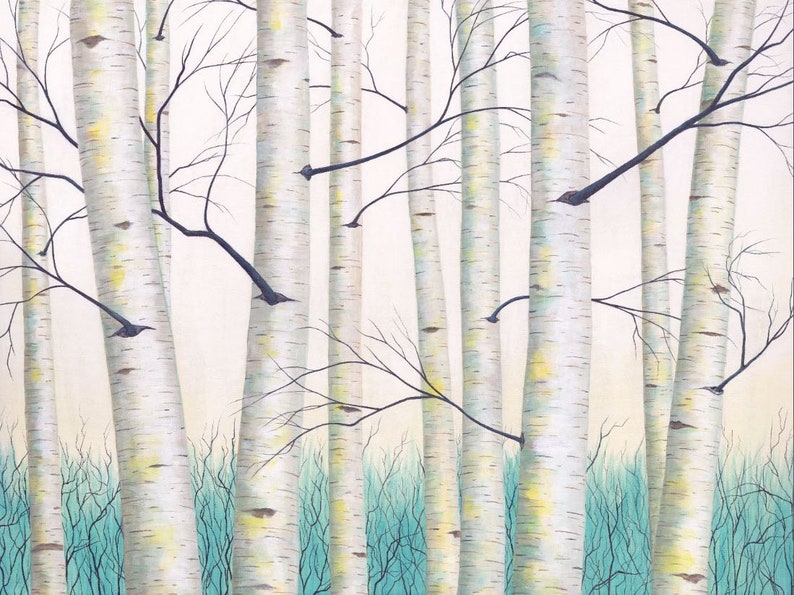 Birch Tree Wall Art Teal Yellow Gray Aqua White Contemporary Etsy