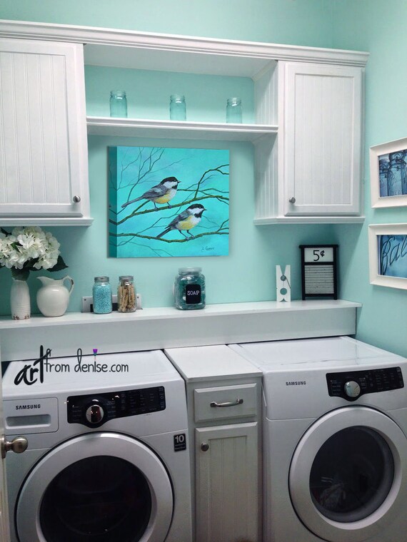 Teal Blue Yellow Laundry Room Decor Or Bathroom Picture Canvas Wall Art Bird Print Of Chickadees Gray Aqua Turquoise Artwork