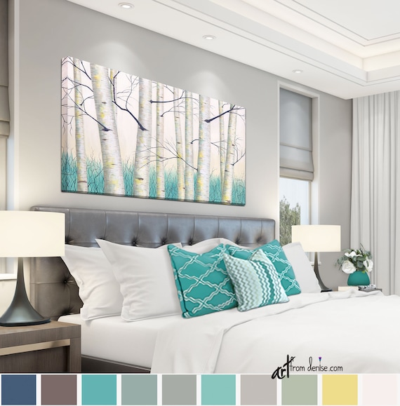 Aspen Tree Landscape Painting Aqua Teal Yellow Gray And White Birch Tree Canvas Wall Art Bedroom Bathroom Living Dining Room Wall Decor