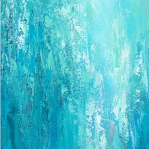 Tall vertical blue wall art, Teal turquoise aqua gray white, Abstract painting Canvas Art Print image 3