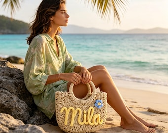 Personalized Paper Woven Beach Bag, Custom Name Tote Bag, Summer Vacation Handbag for Women, Girls Trip Tote, Bridesmaid Wedding Gift