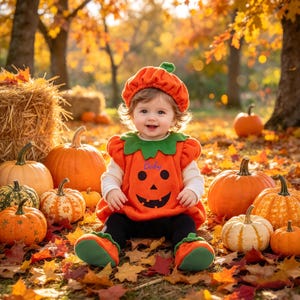 Personlig Halloween-kostym för babyn, pumpa-outfit med hatt, broderat namn, första Halloween-fest, pumpafältfoton, present till småbarn