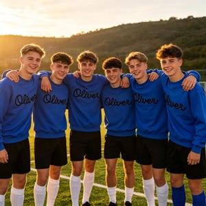 May include: Six individuals wearing matching royal blue crewneck sweatshirts with the name Oliver embroidered in black cursive script across the chest, paired with black athletic shorts and white knee-high socks, standing in a line on a field.