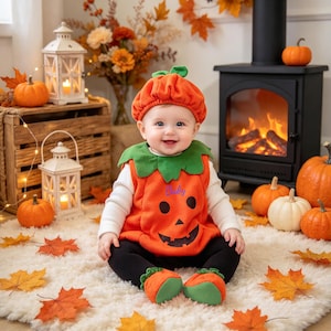 Babypumpaddräkt, personlig Halloween-kostym med hatt, broderat namn, pumpafältfoton, höstfirande present till småbarn