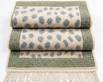 Tappeto runner Oushak moderno blu e avorio, annodato, 3x15 9x12, motivo minimal, runner da corridoio, lungo runner in lana annodato per ingresso e cucina.