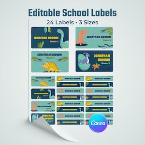 Può includere: Un foglio di 24 etichette scolastiche modificabili in tre dimensioni con illustrazioni di dinosauri nei toni del blu, verde e arancione. Il testo riporta Editable School Labels, 24 Labels, 3 Sizes, Jonathan Browm e Kinder 2, con logo Canva.