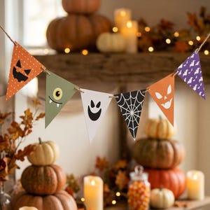 Puede incluir: Una guirnalda de banderines con temática de Halloween compuesta por seis triángulos colgados de un cordel. Los banderines muestran varios diseños, incluyendo una calabaza naranja, un ojo de monstruo verde, un fantasma blanco, una telaraña y murciélagos.