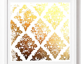 Obra de arte con estampado de damasco dorado sobre papel blanco perlado, decoración de pared Art Déco, arte abstracto original de pan de oro de 30 x 30 cm.