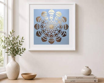 Gouden mandala wanddecoratie op blauw parelmoerpapier, origineel kunstwerk met bladgoud, decoratie met heilige geometrie, luxe boho kunst, 30 x 30 cm