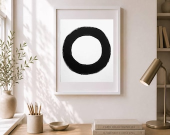 Pintura acrílica original en blanco y negro, arte abstracto minimalista de círculos, arte mural monocromático contemporáneo, obra de arte geométrica moderna.