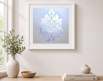 Zilverkleurig damastkunstwerk op parelmoerachtig zandpapier, originele wanddecoratie met zilverblad, decoratieve mediterrane stijl, Italiaanse luxe kunst, 30 x 30 cm