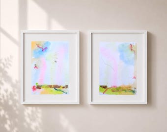 Conjunto original de 2 acuarelas abstractas, par de arte minimalista en pastel, decoración de pared contemporánea, pinturas originales A5, díptico moderno.