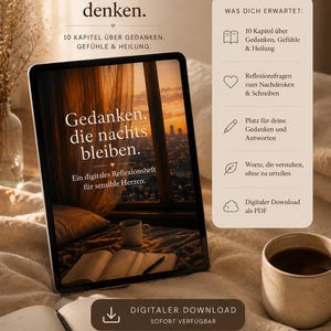 Könnte beinhalten: Werbung für einen digitalen Download mit deutschem Text. Das Bild zeigt ein Tablet mit einer gemütlichen Szene mit einem Buch und einer Kaffeetasse. Der Text bewirbt einen digitalen Reflexionsleitfaden für sensible Herzen.