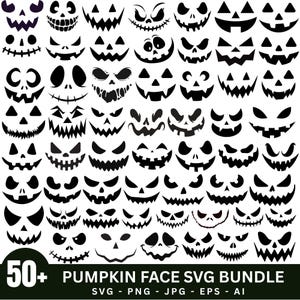 May include: A collection of over 50 black pumpkin face silhouettes featuring various expressions, including jagged teeth, triangular eyes, and stitched mouths. The bottom text reads 50+ PUMPKIN FACE SVG BUNDLE SVG - PNG - JPG - EPS - AI.
