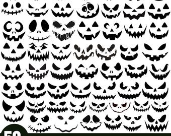 May include: A collection of over 50 black pumpkin face silhouettes featuring various expressions, including jagged teeth, triangular eyes, and stitched mouths. The bottom text reads 50+ PUMPKIN FACE SVG BUNDLE SVG - PNG - JPG - EPS - AI.