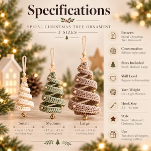 Spiral Christmas Tree Crochet Pattern, Christmas Ornament PDF, Ribbon Tree Decoration, 3 Sizes, Holiday Crochet, Instant Download