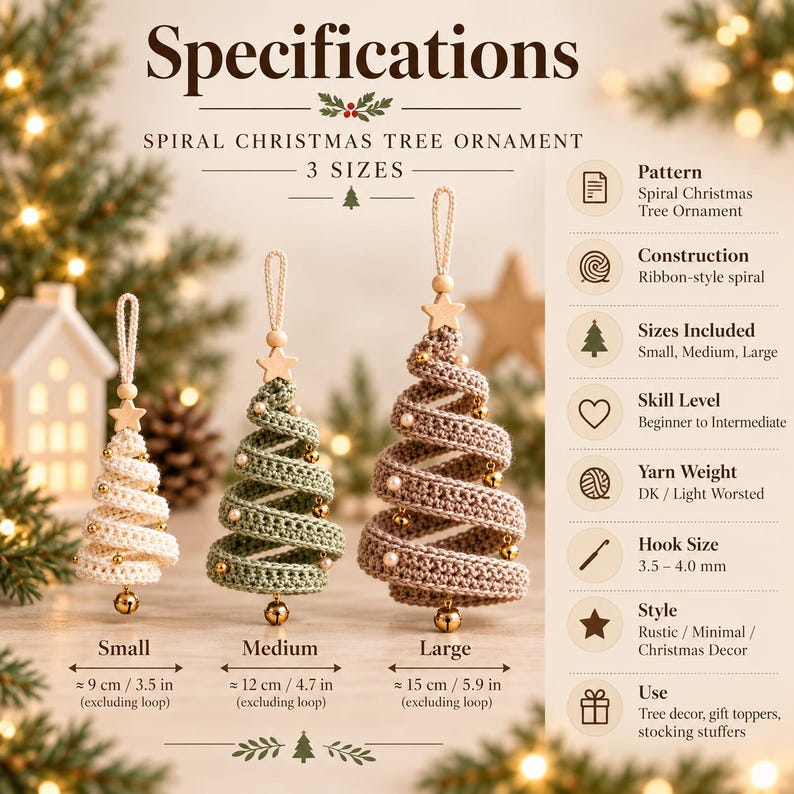 Spiral Christmas Tree Crochet Pattern, Christmas Ornament PDF, Ribbon Tree Decoration, 3 Sizes, Holiday Crochet, Instant Download