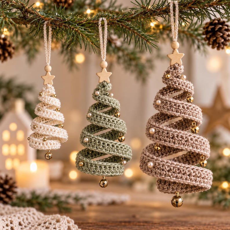 May include: Three spiral-shaped Christmas tree ornaments made of crocheted yarn in cream, sage green, and taupe. Each ornament features a wooden star at the top, a hanging loop, and small gold jingle bells and white beads attached along the spiral.