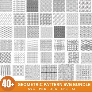 May include: A collection of 40+ black and white geometric patterns arranged in a grid. The patterns include lines, squares, hexagons, circles, and interlocking shapes. An orange banner at the bottom displays the text 40+ GEOMETRIC PATTERN SVG BUNDLE.