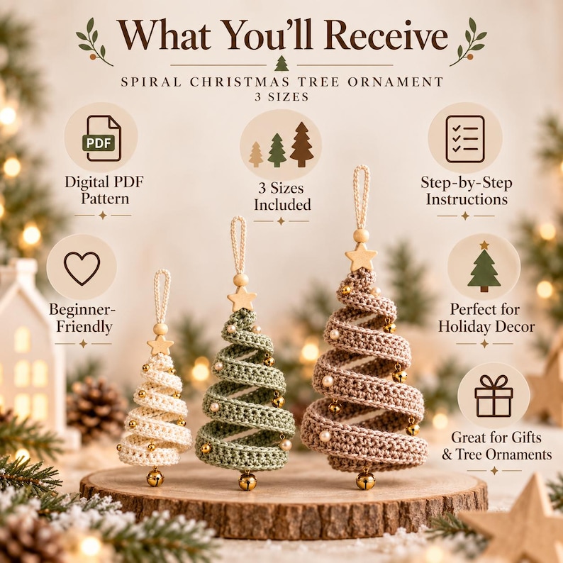 May include: Three spiral Christmas tree ornaments in cream, sage green, and taupe, featuring crochet textures, small gold jingle bells, and wooden star toppers. The text reads What You'll Receive, Spiral Christmas Tree Ornament, 3 Sizes, and more.