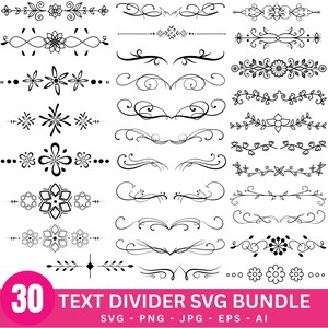Pode incluir: Uma coleção de 30 divisores de texto digitais em preto e branco com motivos florais, botânicos e volutas dispostos em uma grade. A seção inferior inclui um círculo rosa com o texto 30 TEXT DIVIDER SVG BUNDLE SVG PNG JPG EPS AI.