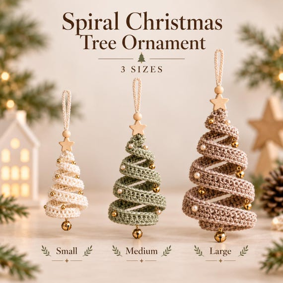 Spiral Christmas Tree Crochet Pattern, Christmas Ornament PDF, Ribbon Tree Decoration, 3 Sizes, Holiday Crochet, Instant Download