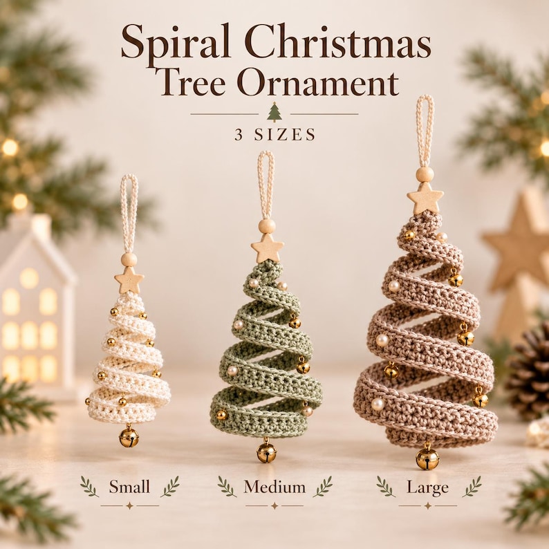 Spiral Christmas Tree Crochet Pattern, Christmas Ornament PDF, Ribbon Tree Decoration, 3 Sizes, Holiday Crochet, Instant Download