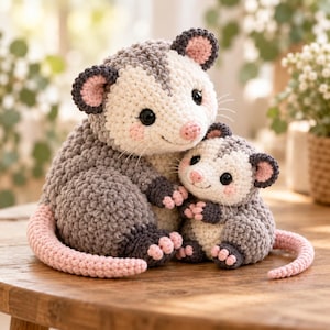 May include: A large and a small crocheted opossum plush toy. Both figures feature grey and cream yarn, round black eyes, pink noses, and pink ears. The larger opossum has a long, curved pink tail, and both have small pink-tipped paws and whiskers.