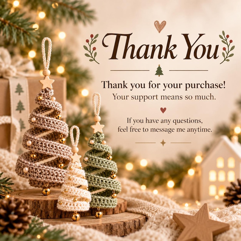 May include: Three spiral-shaped crochet Christmas tree ornaments in beige, cream, and sage green, each topped with a wooden star and hanging loop. The trees are decorated with small gold bells and white beads, featuring text that reads Thank You.