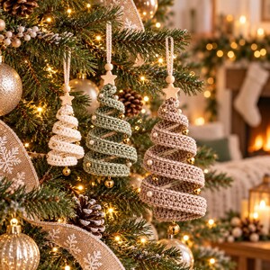 May include: Three spiral-shaped Christmas tree ornaments made of crocheted yarn in cream, sage green, and taupe. Each ornament features a wooden star topper, a hanging cord, and small white beads and gold-toned bells attached to the spiral edges.