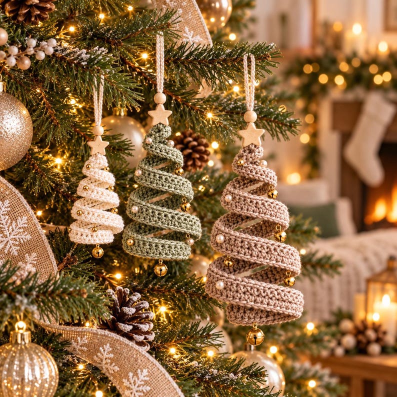 May include: Three spiral-shaped Christmas tree ornaments made of crocheted yarn in cream, sage green, and taupe. Each ornament features a wooden star topper, a hanging cord, and small white beads and gold-toned bells attached to the spiral edges.
