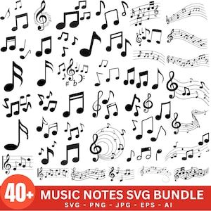 Könnte beinhalten: Eine Sammlung schwarzer musikalischer Symbole, darunter verschiedene Noten, Violinschlüssel und Notenlinien, angeordnet in einem Raster. Unten befindet sich ein rotes Banner mit dem weißen Text 40+ MUSIC NOTES SVG BUNDLE SVG - PNG - JPG - EPS - AI.