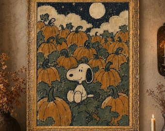 Snoopy Halloween Wall Art PNG, Peanuts Pumpkin Patch Print, Vintage Halloween Poster, Charlie Brown Fall Decor, Retro Halloween Art