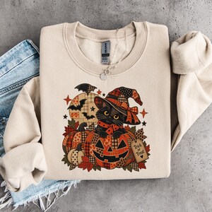 Black Cat Halloween Sweatshirt, Patchwork Pumpkin Witch Crewneck