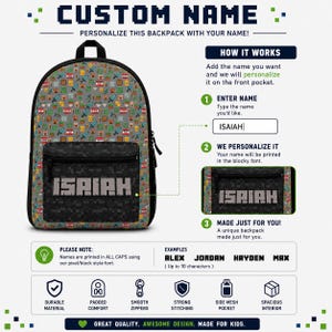 May include: A gray backpack featuring a repeating pixelated pattern of swords, blocks, and TNT icons. The front pocket is black with a pixelated texture and displays the name ISAIAH in a blocky, gray, pixel-style font. The design includes text.