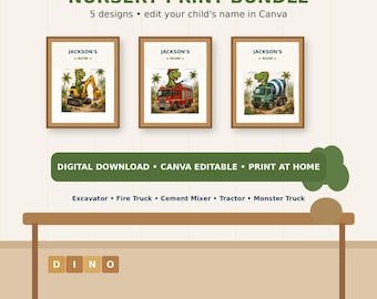 Láminas editables de dinosaurios y vehículos para la habitación infantil, arte mural personalizado para niños (descarga digital)