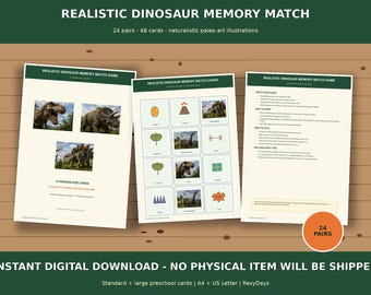 Juego de memoria de dinosaurios para imprimir: 24 parejas. Actividad para fiestas infantiles en PDF.