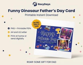 Tarjeta imprimible divertida de dinosaurio para el Día del Padre, tarjeta de papá dinosaurio bailando, chiste retro de papá disco, descarga instantánea PNG PDF