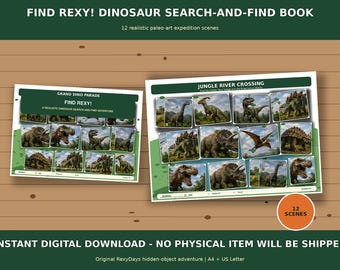 Libro imprimible de búsqueda de dinosaurios para niños / Actividad de objetos ocultos en PDF / Descarga instantánea