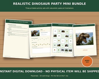 Minipack imprimible de juegos para fiestas de dinosaurios: manteles individuales, bingo, ponerle la cola al juego (PDF)